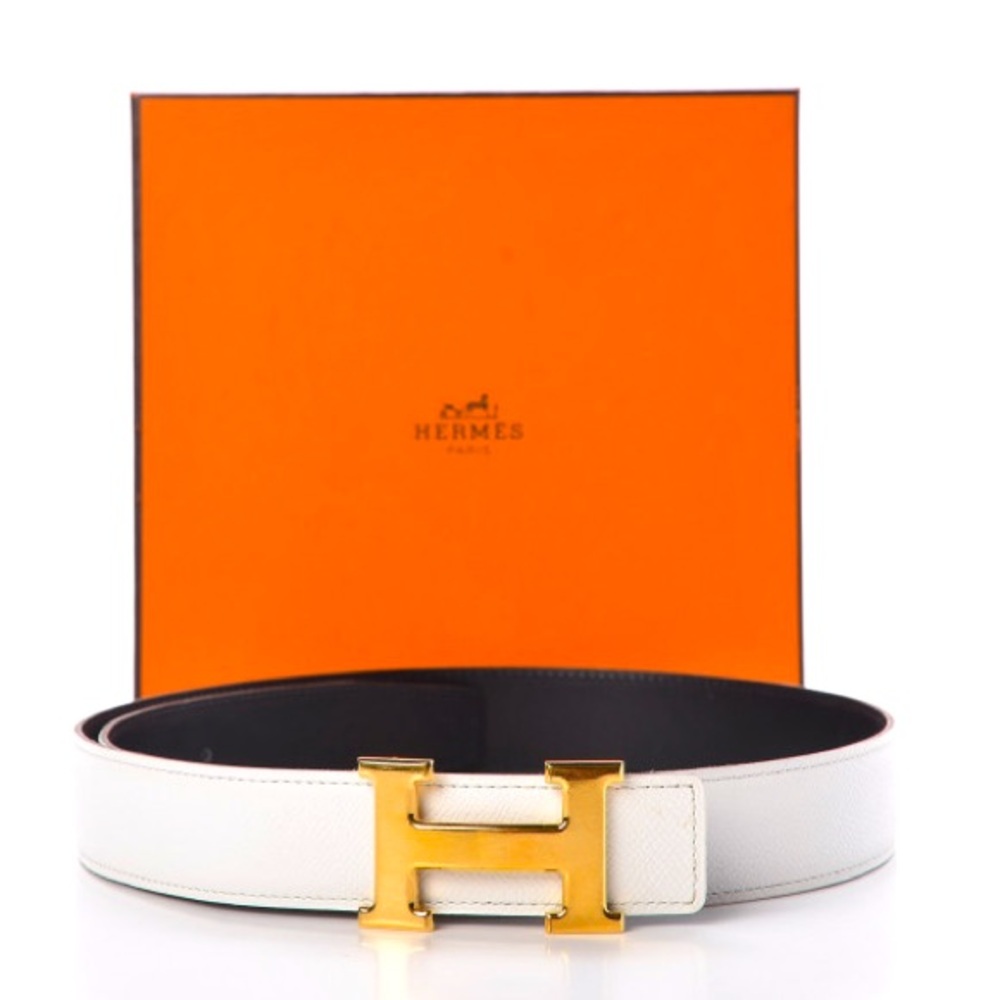 HERMES White and Black Reversible Belt with Gold Buckle